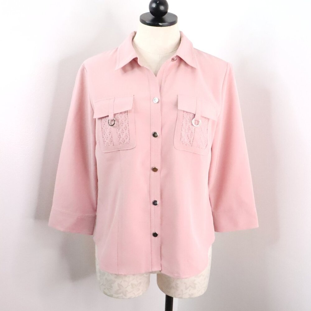 Covington Petite Women's MP Rose Pink Button-Up Polyester Stretch Blouse Top